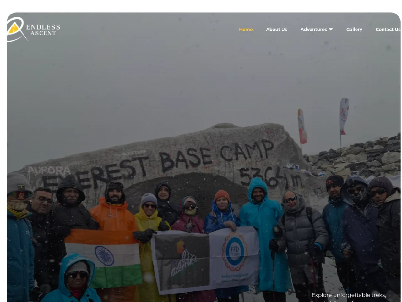 Endless Ascent website homepage: trekking group at Everest Base Camp with navigation and hero